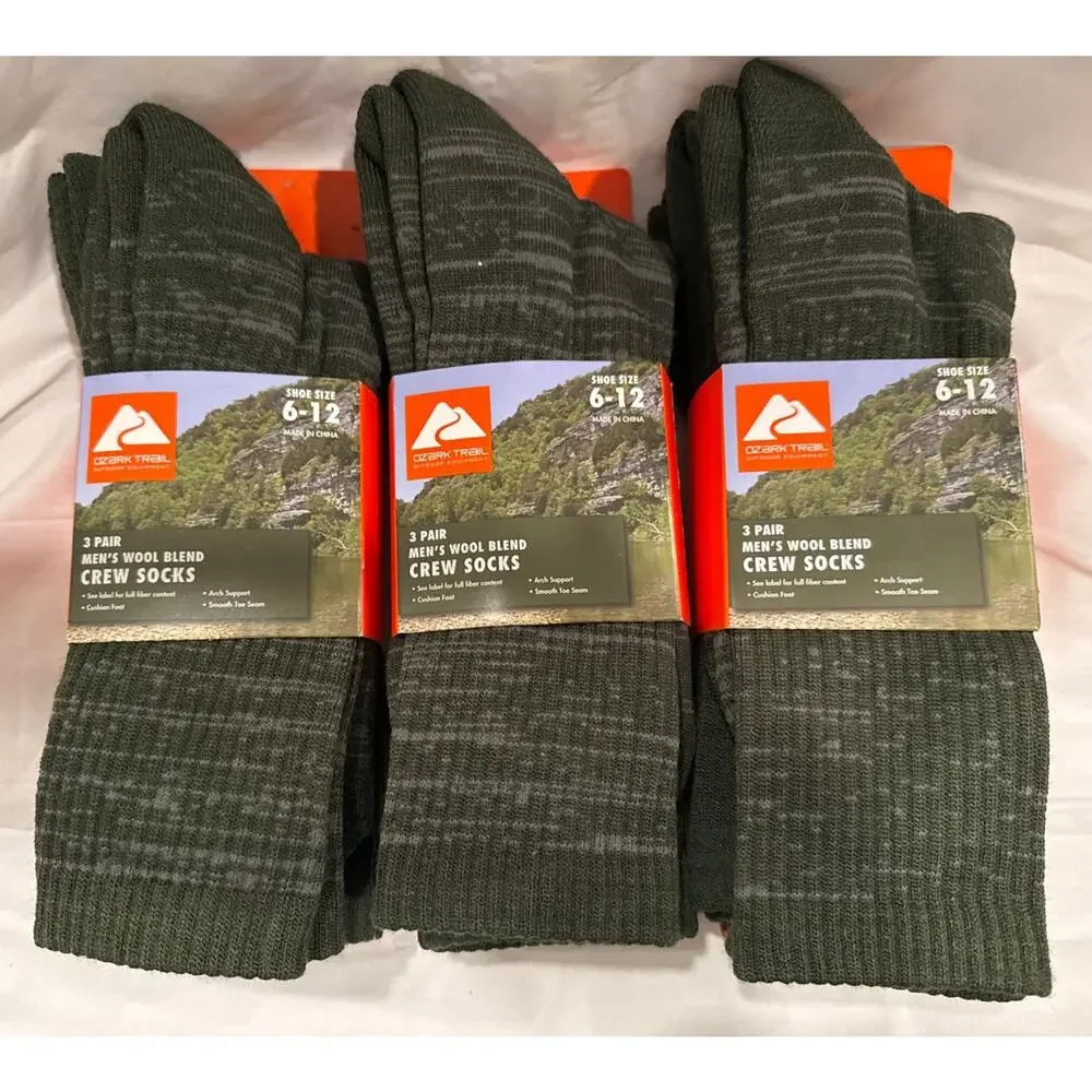 3 Pairs Ozark Trail Crew Socks Arch Support Wool Blend Green Men's Size 6-12 x 3